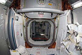Interior view of the Leonardo MPLM attached to the Earth-facing port of Harmony node
