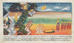Sumedha prostrating for the Buddha Dīpankara's feet, with several onlookers